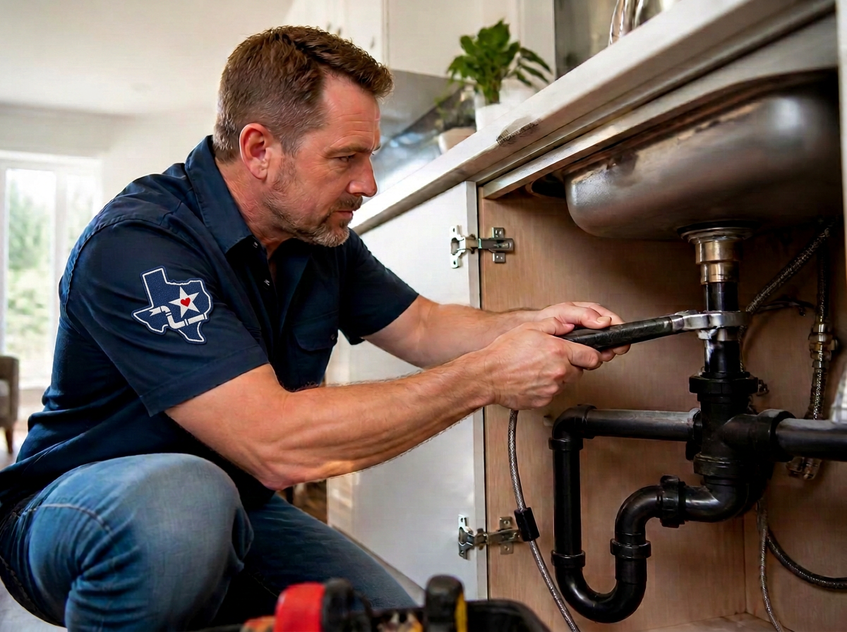 Plumber repairing pipes under a kitchen sink inside a clean home